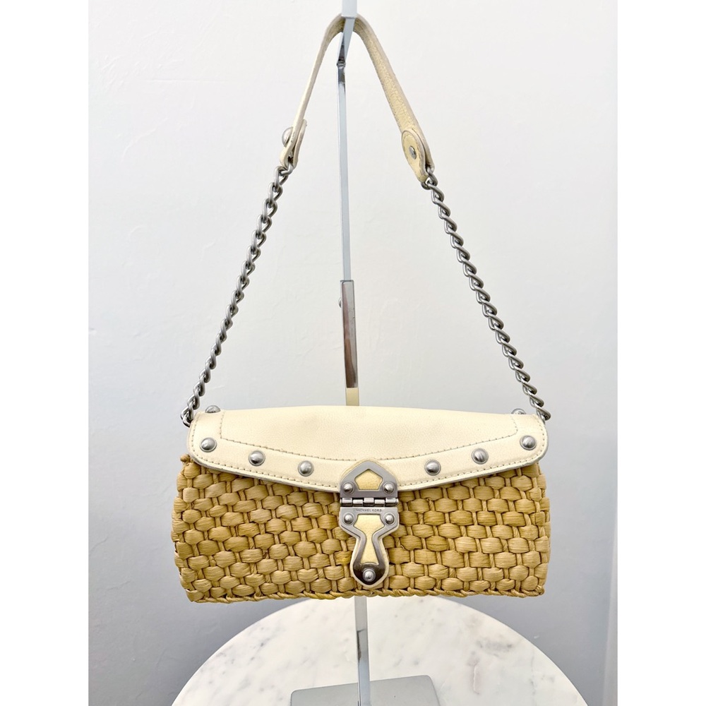 Michael Kors Patent Leather Santorini Shoulder Bag Flap Woven Corn Husk Handbag